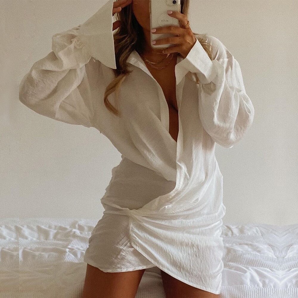 Five ⭐️ Naha Sexy Draped Mini Shirt Wrap Ruched Mini Dress, Bikini Coverup. - Picture 3 of 10